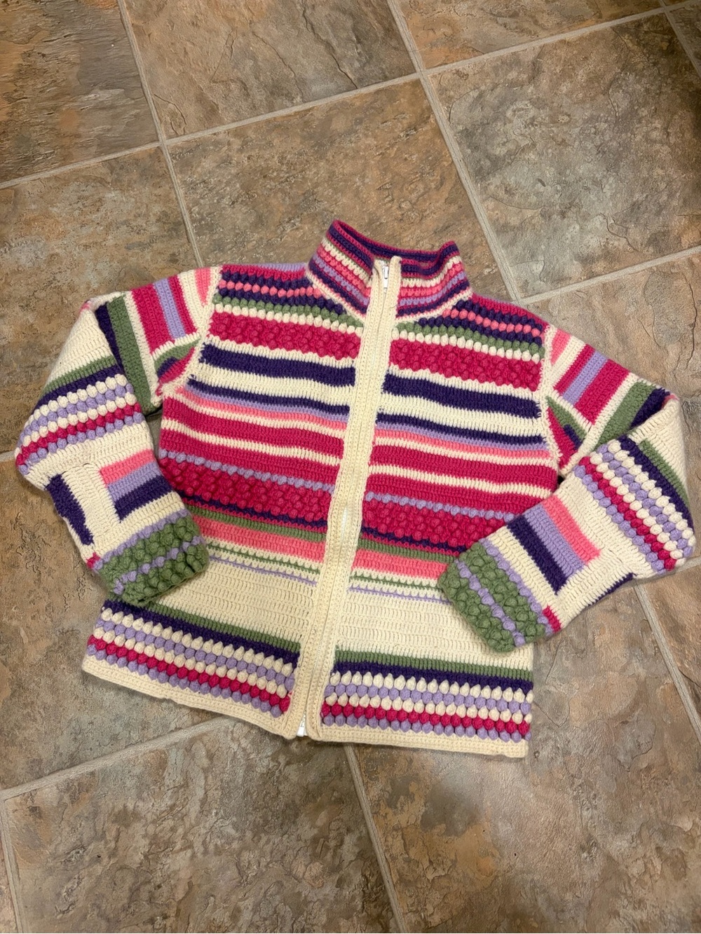 Boston Proper Lambswool Crochet Zip Cardigan Womens XS Stripe Boho Chunky Knit